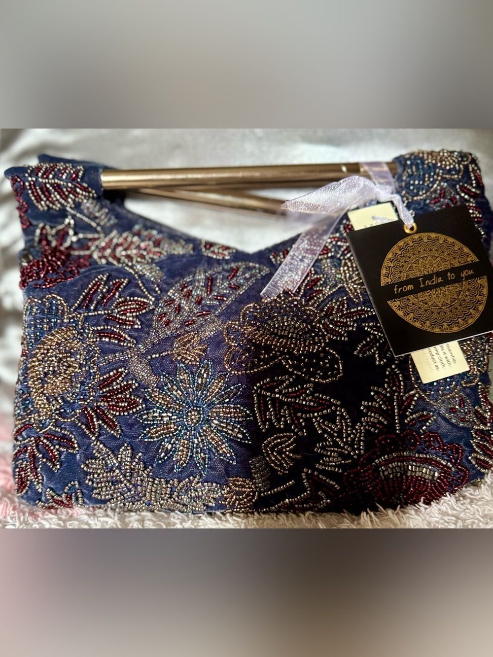 NWT From India To You Hand Beaded Floral Velvet Clutch Bag Blue Gold
